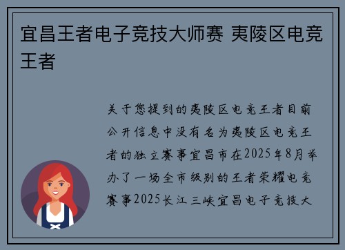 宜昌王者电子竞技大师赛 夷陵区电竞王者